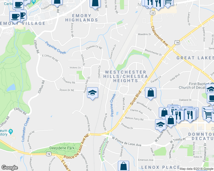 map of restaurants, bars, coffee shops, grocery stores, and more near 713 Coventry Road in Decatur