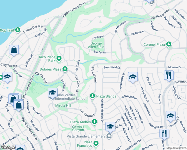 map of restaurants, bars, coffee shops, grocery stores, and more near 1501 Vía Coronel in Palos Verdes Estates