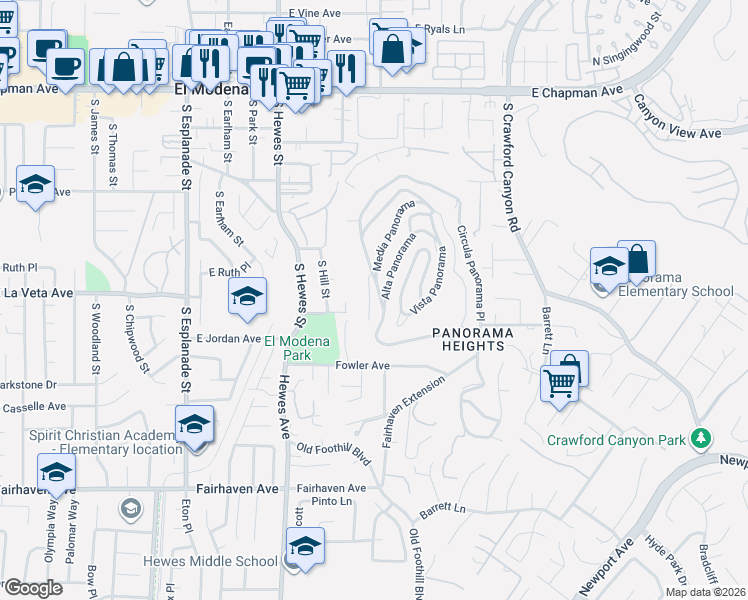 map of restaurants, bars, coffee shops, grocery stores, and more near 12276 Circula Panorama Place in North Tustin