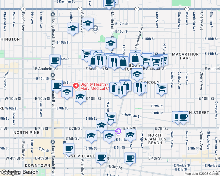 map of restaurants, bars, coffee shops, grocery stores, and more near 1069 Martin Luther King Junior Avenue in Long Beach