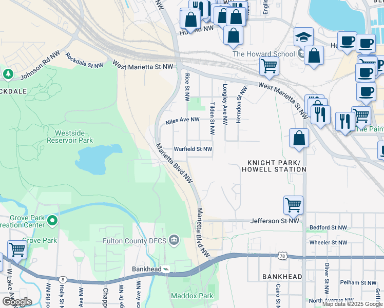 map of restaurants, bars, coffee shops, grocery stores, and more near 1199 Foster Place Northwest in Atlanta
