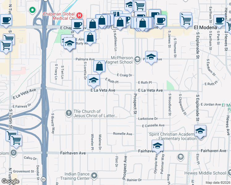 map of restaurants, bars, coffee shops, grocery stores, and more near 3021 East Hartford Road in Orange