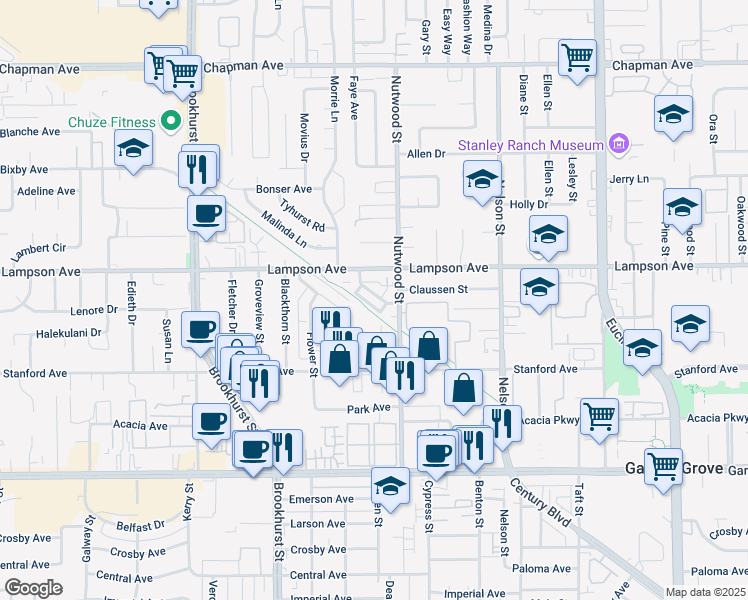 map of restaurants, bars, coffee shops, grocery stores, and more near 12581 Kensington Lane in Garden Grove