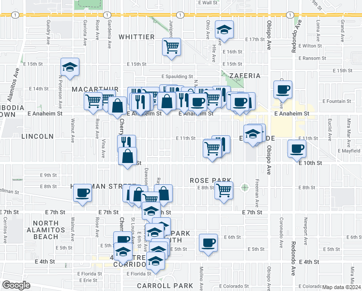 map of restaurants, bars, coffee shops, grocery stores, and more near 1067 Stanley Avenue in Long Beach