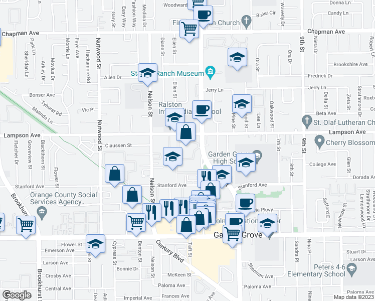 map of restaurants, bars, coffee shops, grocery stores, and more near 12555 South Euclid Street in Garden Grove