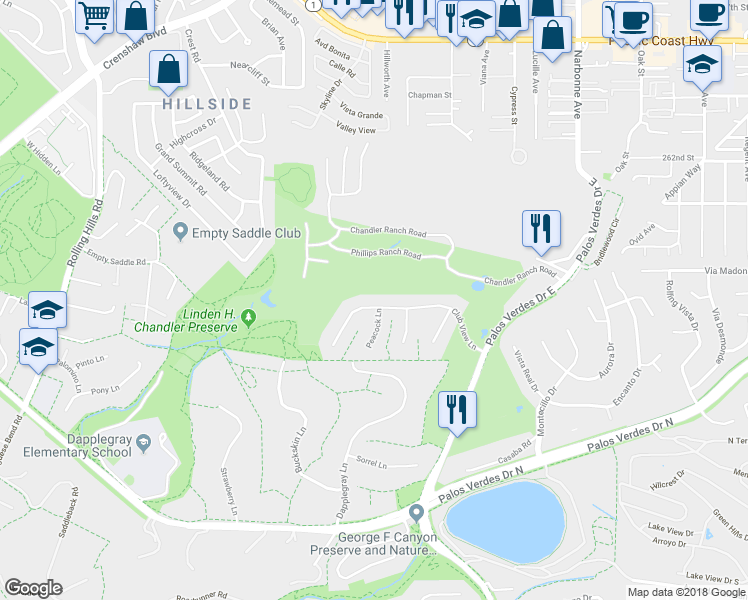 map of restaurants, bars, coffee shops, grocery stores, and more near 25 Club View Lane in Rolling Hills Estates