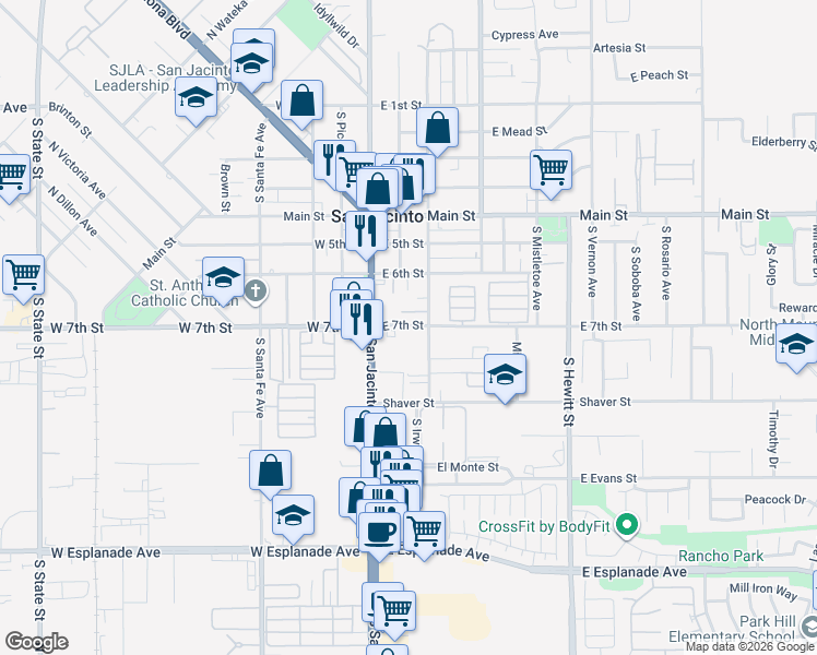 map of restaurants, bars, coffee shops, grocery stores, and more near 332 East 7th Street in San Jacinto