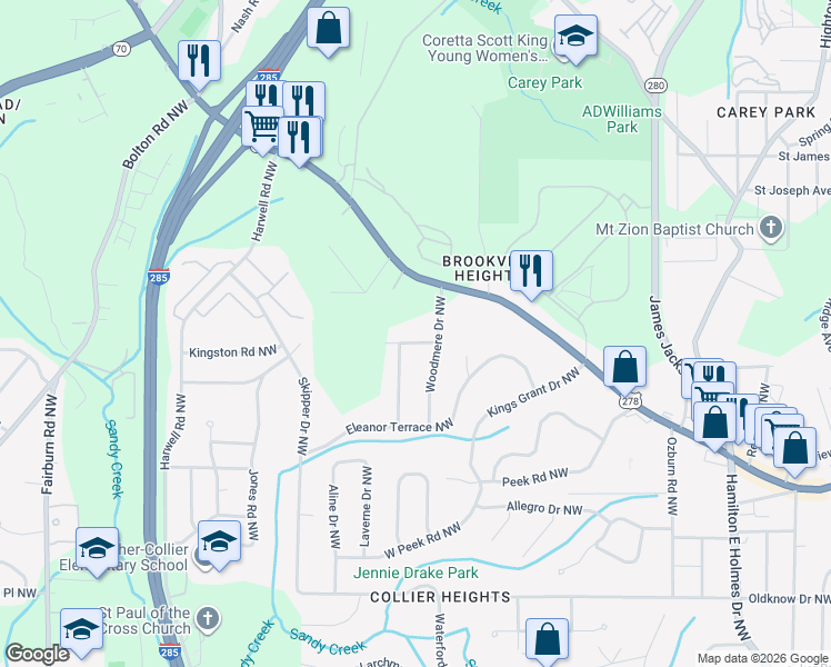 map of restaurants, bars, coffee shops, grocery stores, and more near 3035 McLendon Circle Northwest in Atlanta