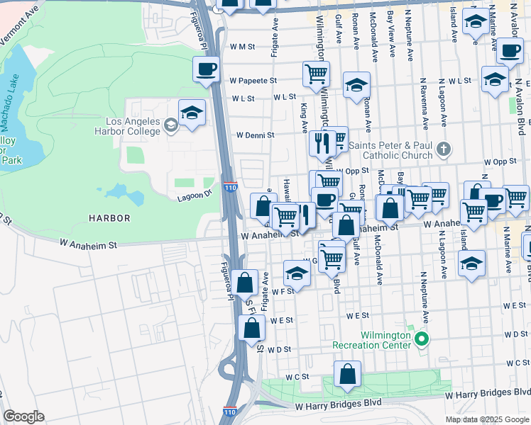 map of restaurants, bars, coffee shops, grocery stores, and more near 830 Frigate Avenue in Los Angeles