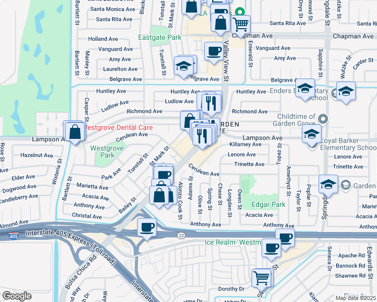 map of restaurants, bars, coffee shops, grocery stores, and more near 12571 Valley View Street in Garden Grove
