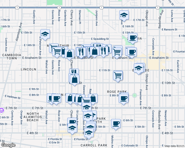 map of restaurants, bars, coffee shops, grocery stores, and more near 2315 East Vera Court in Long Beach