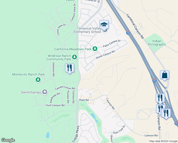 map of restaurants, bars, coffee shops, grocery stores, and more near 9065 Fallbrook Canyon Drive in Corona