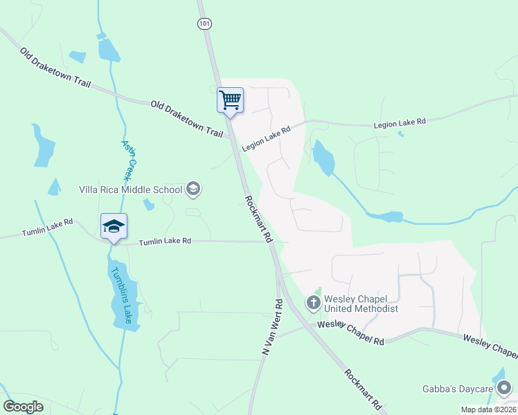 map of restaurants, bars, coffee shops, grocery stores, and more near 2573 Rockmart Road in Villa Rica