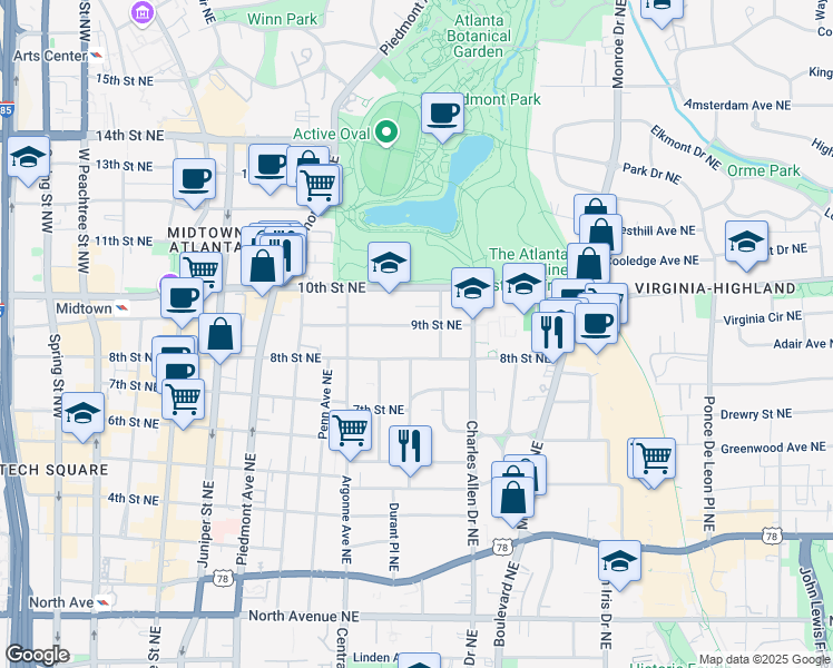 map of restaurants, bars, coffee shops, grocery stores, and more near 378 8th Street Northeast in Atlanta