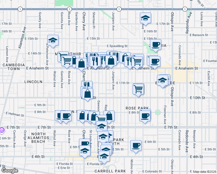 map of restaurants, bars, coffee shops, grocery stores, and more near 1070 Raymond Avenue in Long Beach