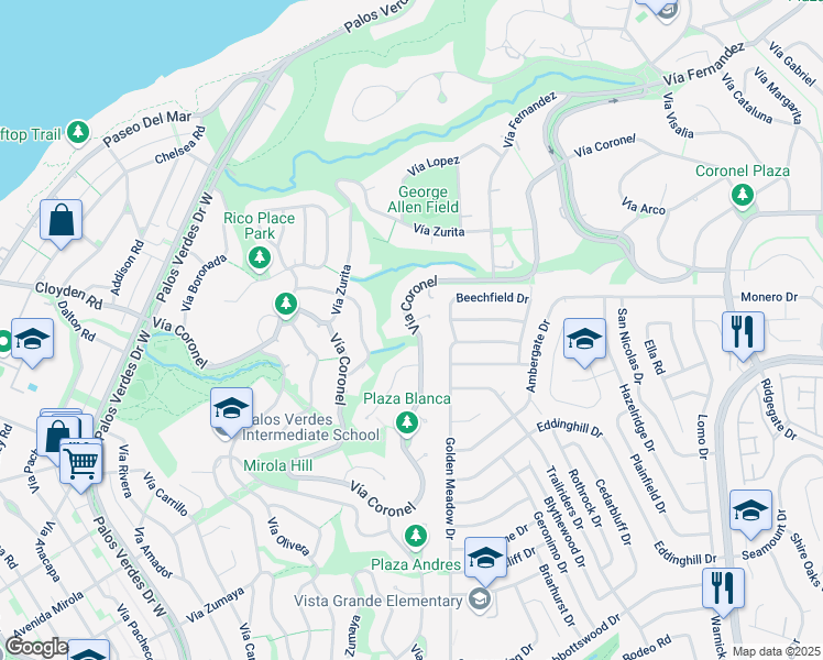 map of restaurants, bars, coffee shops, grocery stores, and more near 1501 Vía Coronel in Palos Verdes Estates