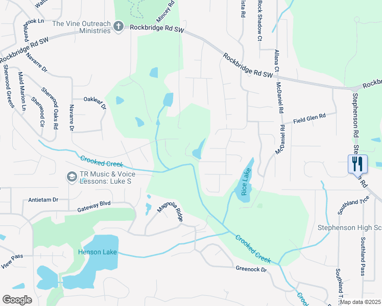 map of restaurants, bars, coffee shops, grocery stores, and more near 6003 Hitt Lake Trail in Stone Mountain