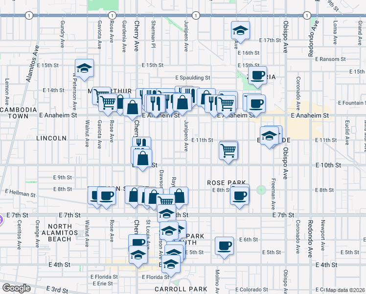 map of restaurants, bars, coffee shops, grocery stores, and more near 1071 Junipero Avenue in Long Beach