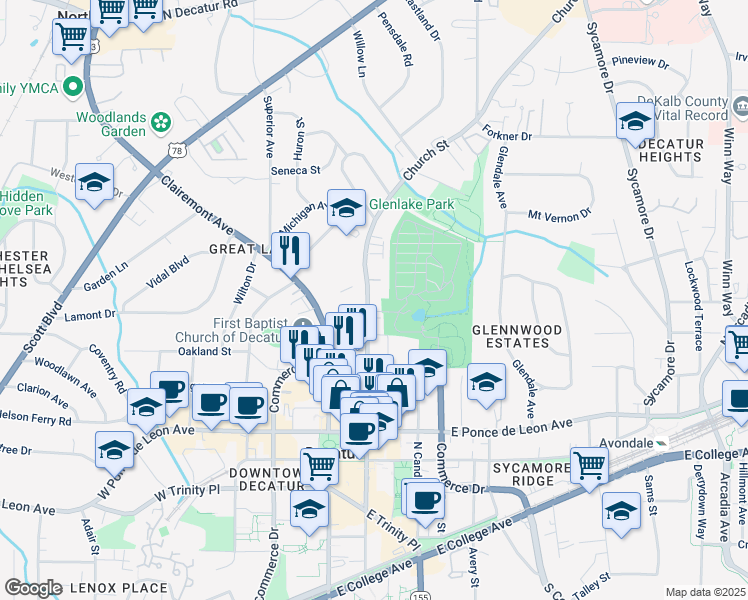map of restaurants, bars, coffee shops, grocery stores, and more near 909 Church Street in Decatur