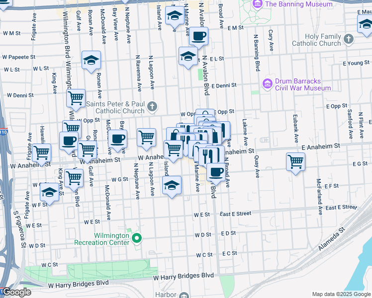 map of restaurants, bars, coffee shops, grocery stores, and more near 215 West Anaheim Street in Los Angeles