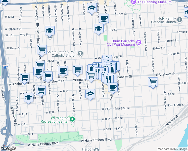 map of restaurants, bars, coffee shops, grocery stores, and more near 215 West Anaheim Street in Los Angeles