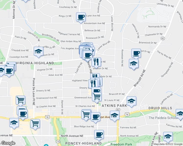 map of restaurants, bars, coffee shops, grocery stores, and more near North Highland Avenue Northeast in Atlanta