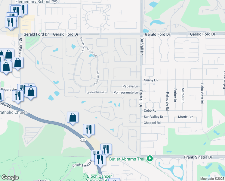 map of restaurants, bars, coffee shops, grocery stores, and more near 67876 Pomegranate Lane in Cathedral City