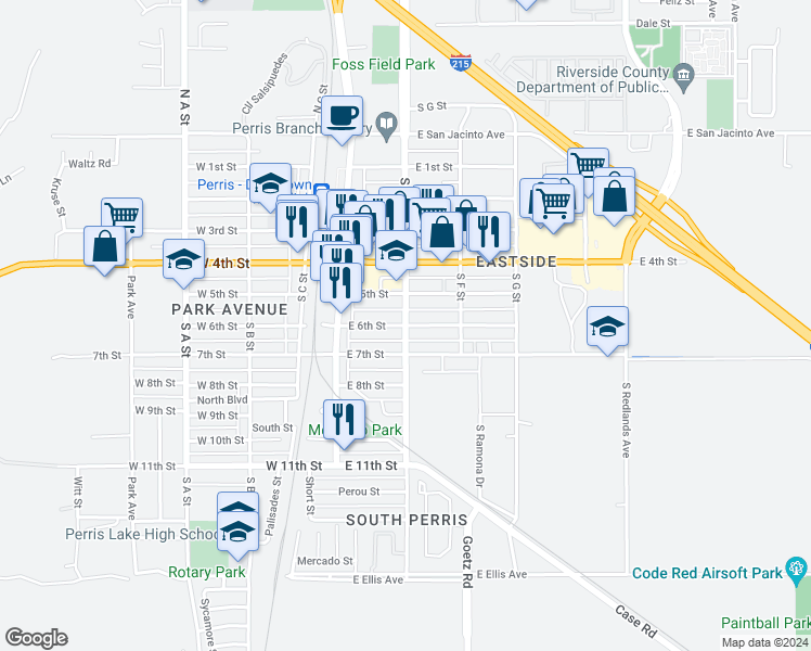 map of restaurants, bars, coffee shops, grocery stores, and more near 698 South Perris Boulevard in Perris