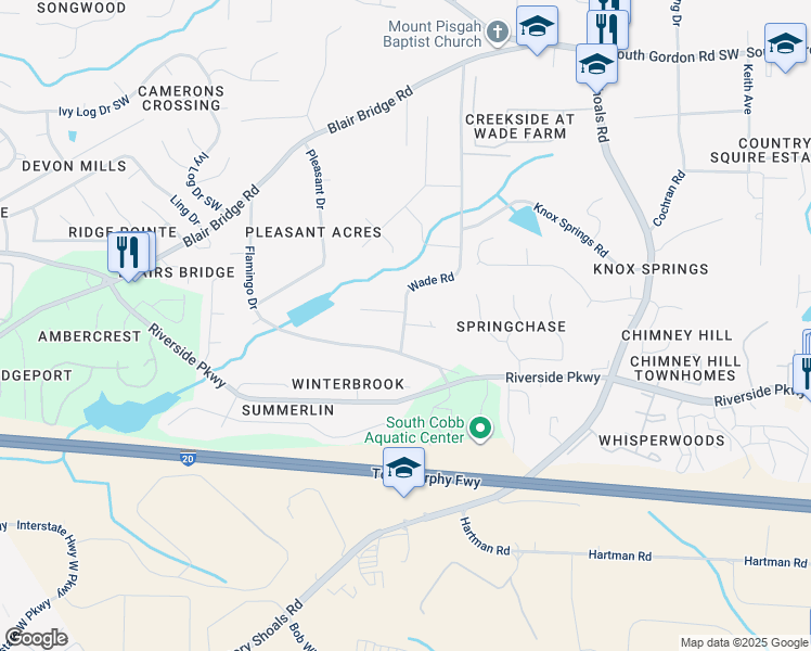 map of restaurants, bars, coffee shops, grocery stores, and more near 715 Wade Road in Austell