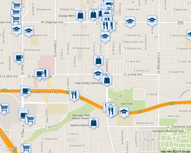map of restaurants, bars, coffee shops, grocery stores, and more near 230 West La Veta Avenue in Orange