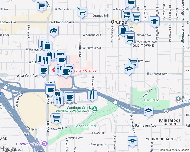 map of restaurants, bars, coffee shops, grocery stores, and more near 501 South Parker Street in Orange