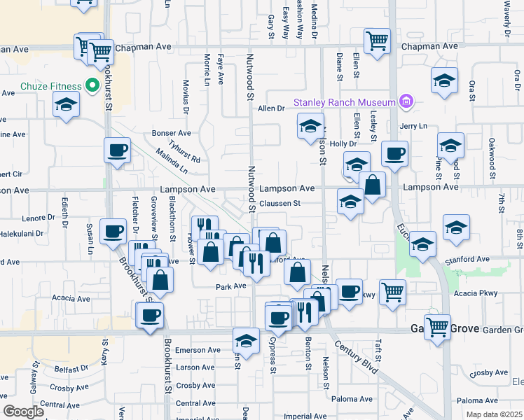 map of restaurants, bars, coffee shops, grocery stores, and more near 10530 Lakeside Drive North in Garden Grove