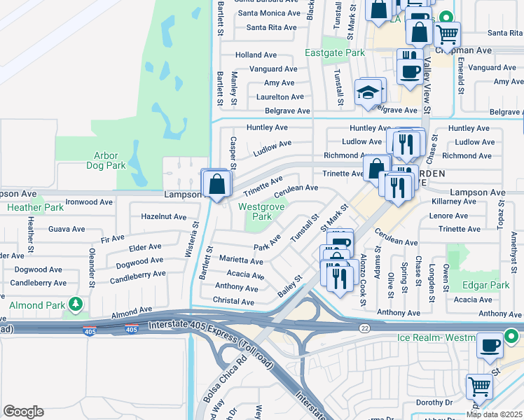 map of restaurants, bars, coffee shops, grocery stores, and more near 5372 Cerulean Avenue in Garden Grove