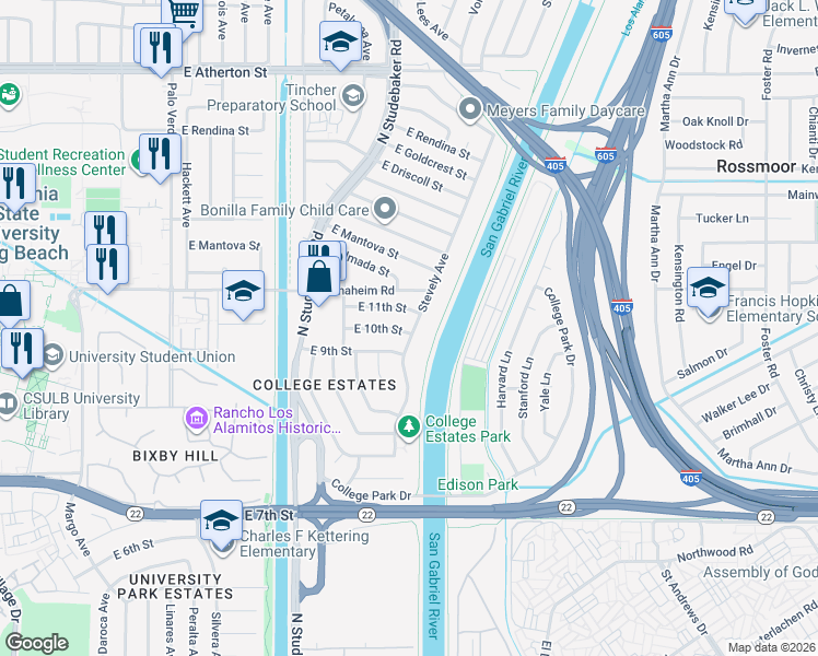 map of restaurants, bars, coffee shops, grocery stores, and more near 1000 Stevely Avenue in Long Beach