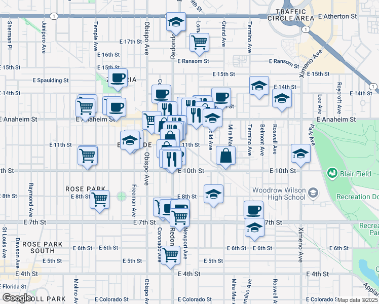 map of restaurants, bars, coffee shops, grocery stores, and more near in Long Beach