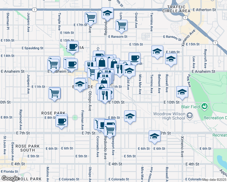 map of restaurants, bars, coffee shops, grocery stores, and more near 1054 Redondo Avenue in Long Beach