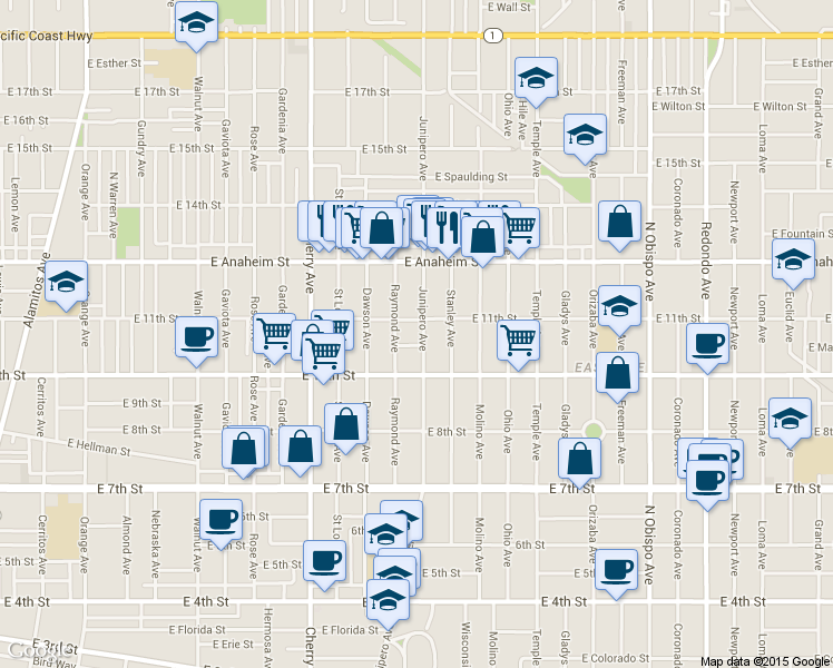 map of restaurants, bars, coffee shops, grocery stores, and more near 2315 East Vera Court in Long Beach