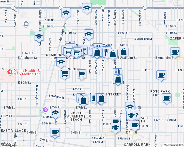 map of restaurants, bars, coffee shops, grocery stores, and more near 1056 Walnut Avenue in Long Beach