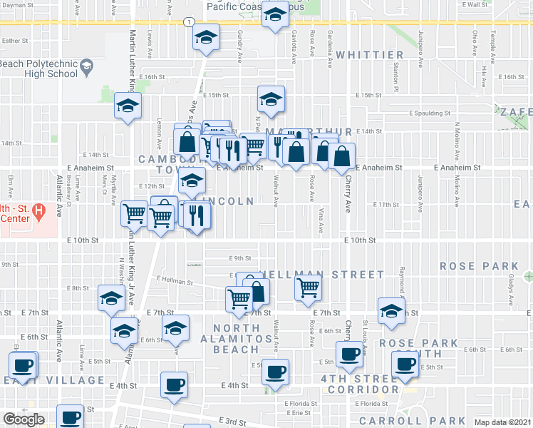 map of restaurants, bars, coffee shops, grocery stores, and more near 1503 East Sunshine Court in Long Beach