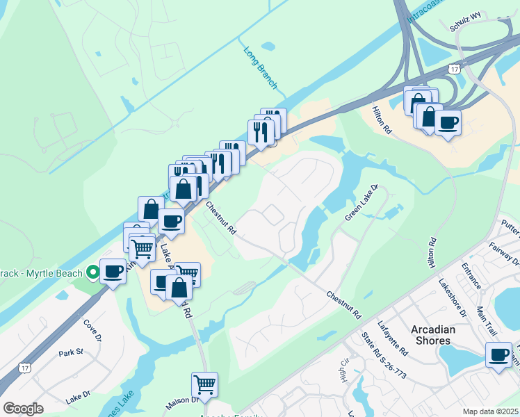 map of restaurants, bars, coffee shops, grocery stores, and more near 6 Chestnut Road in Myrtle Beach