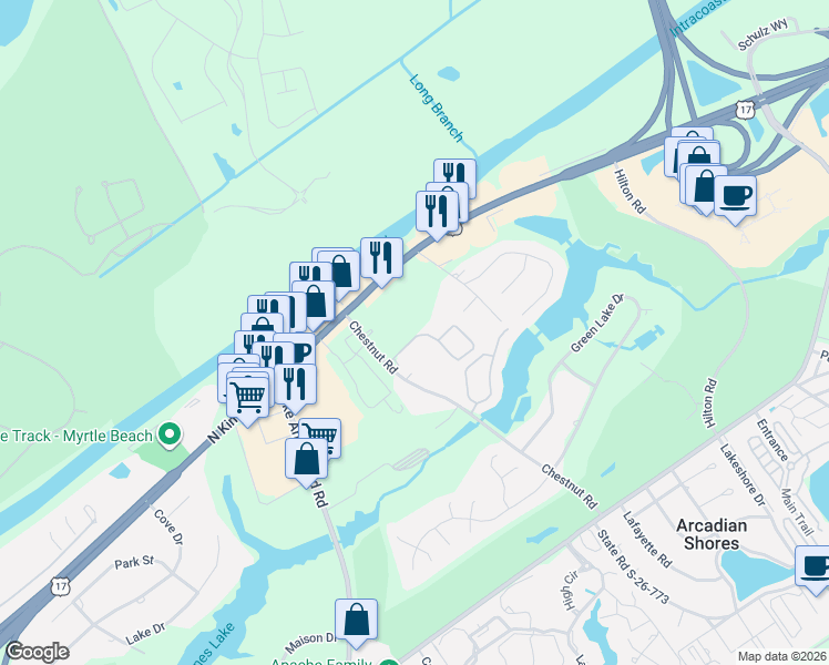 map of restaurants, bars, coffee shops, grocery stores, and more near 628 Chestnut Road in Myrtle Beach