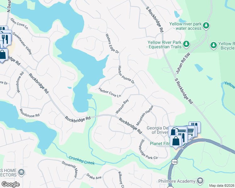 map of restaurants, bars, coffee shops, grocery stores, and more near 7417 Harbor Cove Lane in Stone Mountain