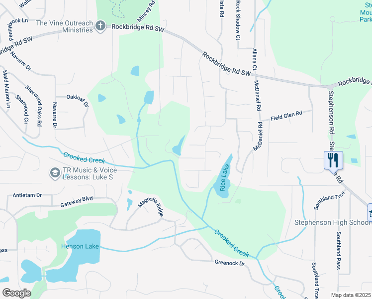 map of restaurants, bars, coffee shops, grocery stores, and more near 6031 Hitt Lake Court in Stone Mountain