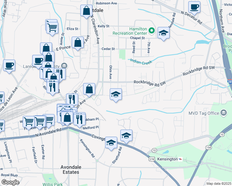 map of restaurants, bars, coffee shops, grocery stores, and more near 218 Third Avenue in Avondale Estates