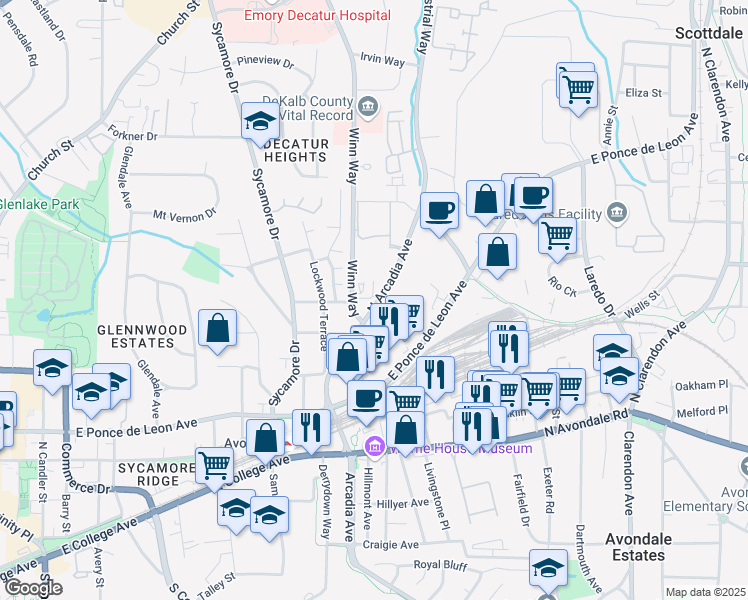 map of restaurants, bars, coffee shops, grocery stores, and more near 220 North Arcadia Avenue in Decatur