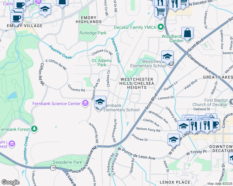 map of restaurants, bars, coffee shops, grocery stores, and more near 713 Coventry Road in Decatur