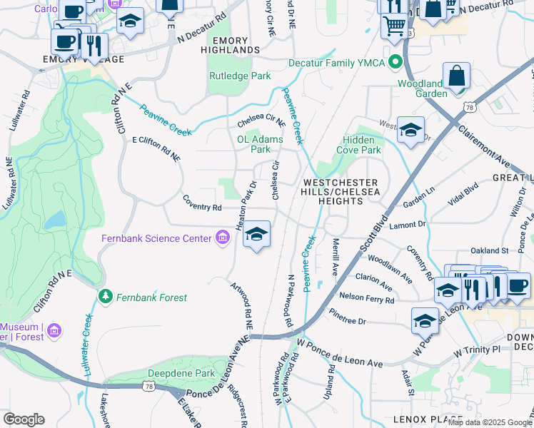 map of restaurants, bars, coffee shops, grocery stores, and more near 1815 Coventry Road in Decatur