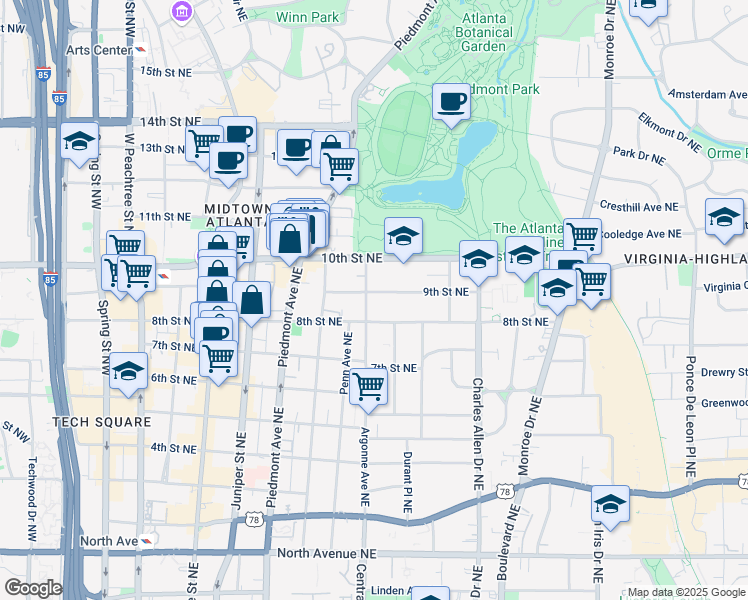 map of restaurants, bars, coffee shops, grocery stores, and more near 928 Argonne Avenue Northeast in Atlanta