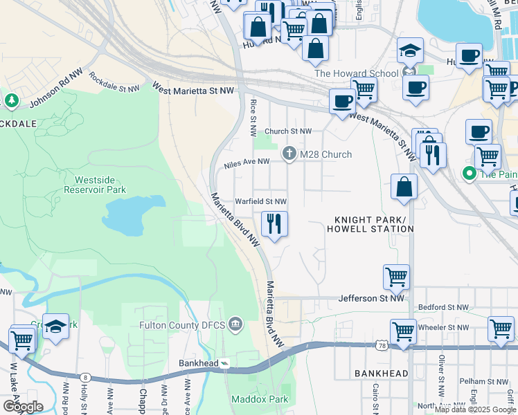 map of restaurants, bars, coffee shops, grocery stores, and more near 920 Rice Street Northwest in Atlanta