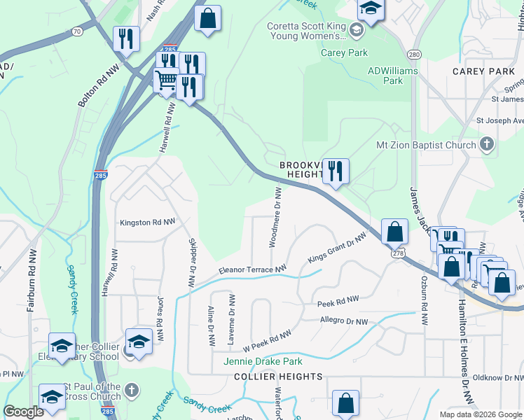 map of restaurants, bars, coffee shops, grocery stores, and more near 3035 McLendon Circle Northwest in Atlanta